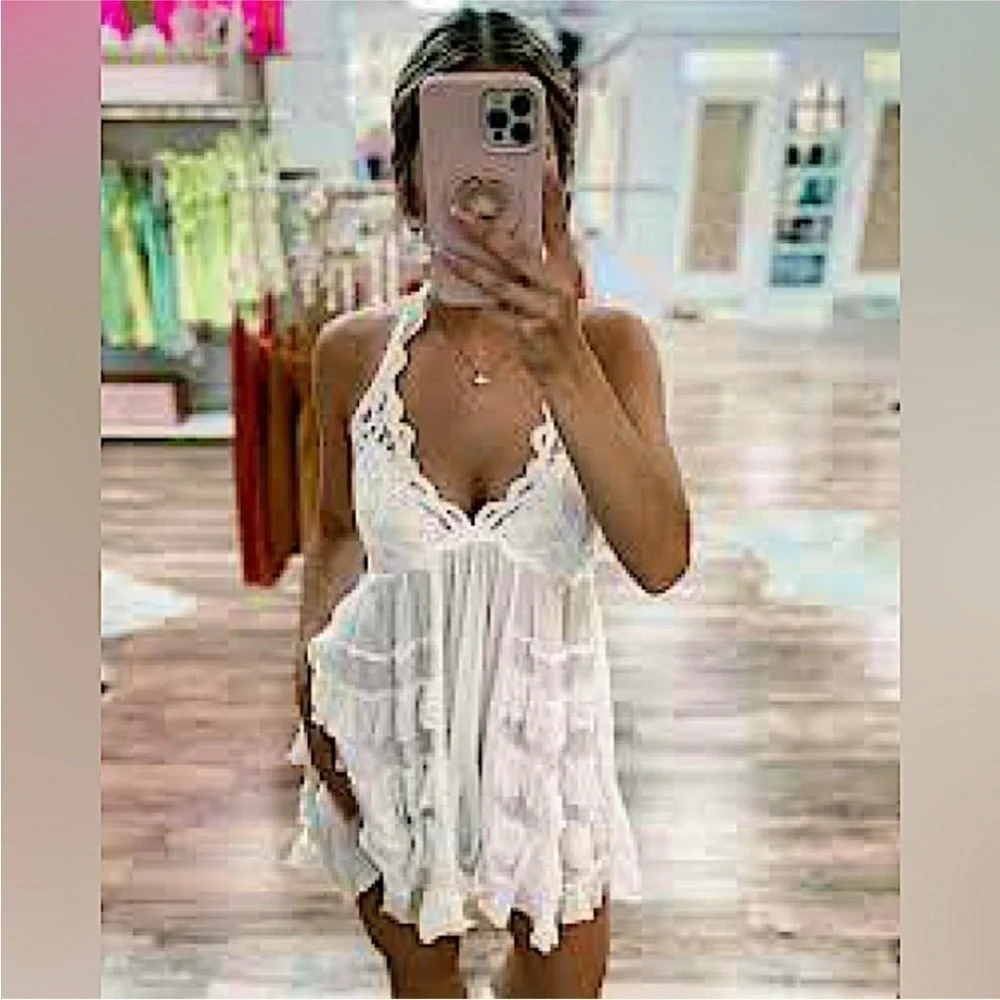 Free People One *Adella* White Lace Tiered Ruffle Halter Slip. NWT. Medium - Picture 6 of 7